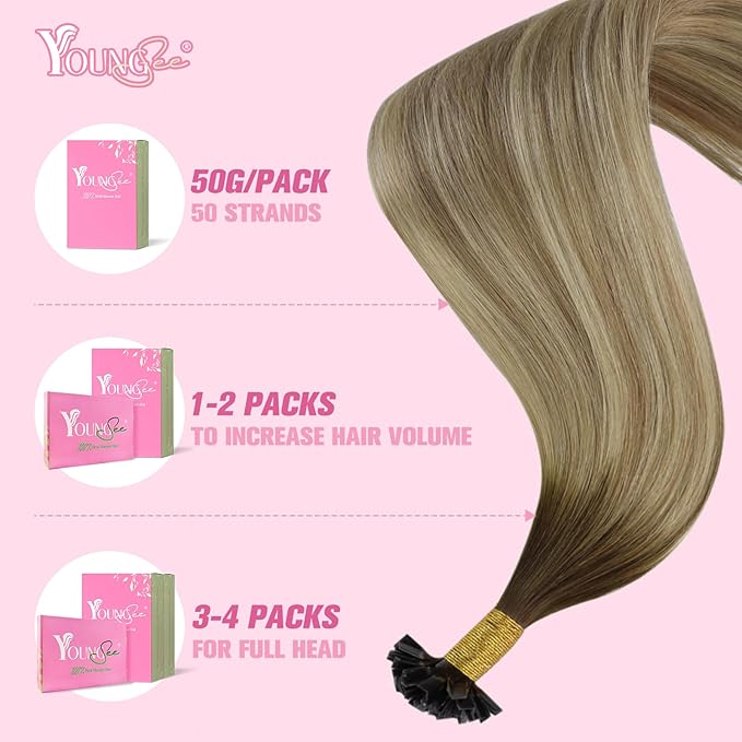 YoungSee Ktip Hair Extensions Human Hair Balayage K Tip Hair Extensions Real Human Hair Balayage Dark Brown to Brown with Blonde 20In 50s/50g