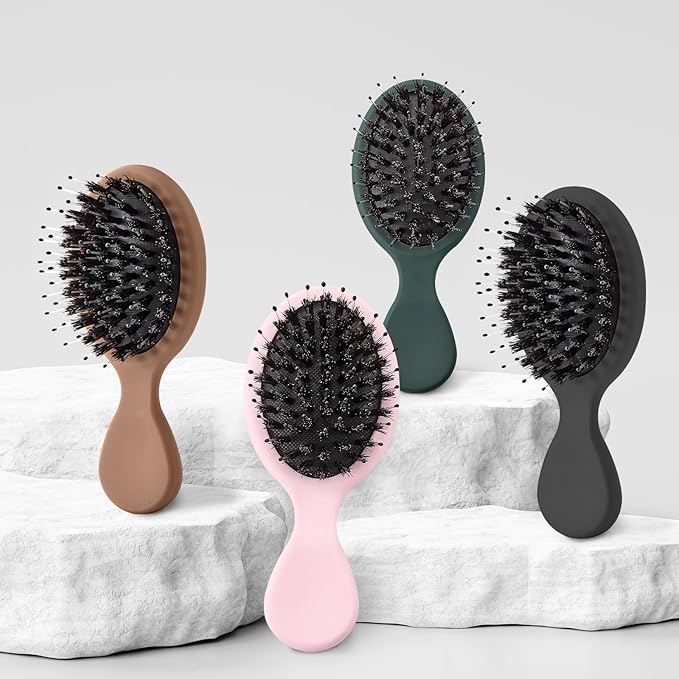 Mini Boar Bristles Hair Bursh, Travel Size Hair Brush for Women Men Kids, Protable Small Hair Brushes for Pockets Purses, Mini Hair Brush for Smooth Add Shine (1 Pack-Green)