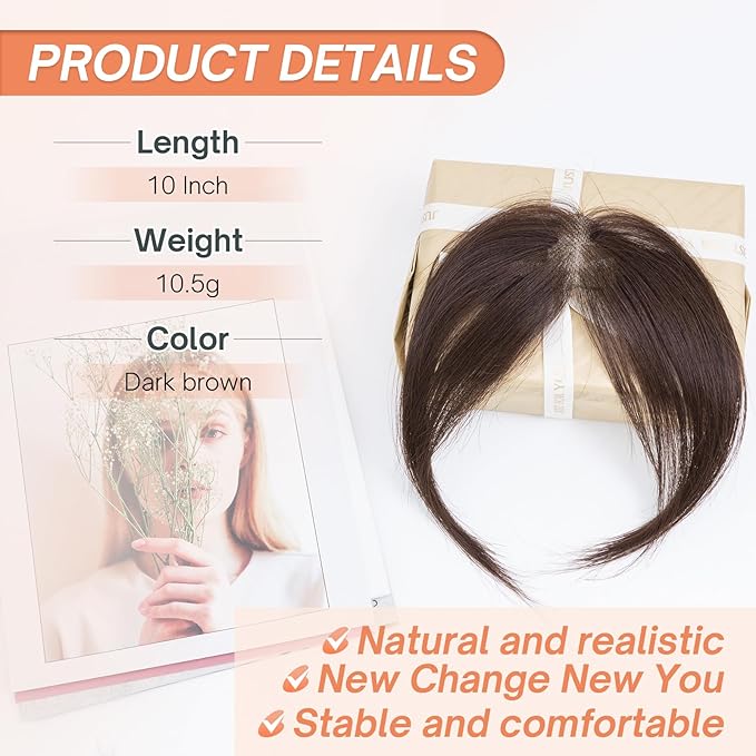 Benehair Clip on Bangs for Women Human Hair, Fake Bangs Clip Human hair, Middle Part Clip in Hair Extensions Hair Pieces with Temples for Daily Wear (Dark Brown)