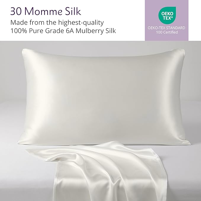 Mulberry Park 30 Momme 100% Pure Mulberry Silk Pillowcase - Luxury Charmeuse Weave for Hair and Skin, Cooling Silk Pillow Cover for Beauty Sleep - King Size 20"x36" / Ivory