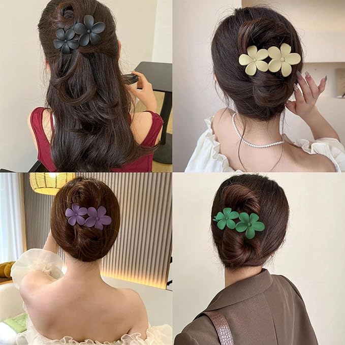 Flower Hair Clips for Women - French Flat Hair Claw, Matte Clips, Non-Slip Cute Duck Billed Claw for Thick Hair, Girls (Black, White)