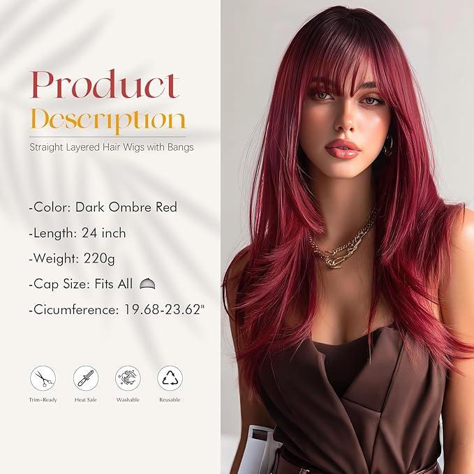 SOFEIYAN Red Wig with Bang 24 Inch Long Straight Ombre Layered Wig Synthetic Natural Hair Bordeaux red Wig Soft Heat Resistant Long Wigs for Women Daily Party Use