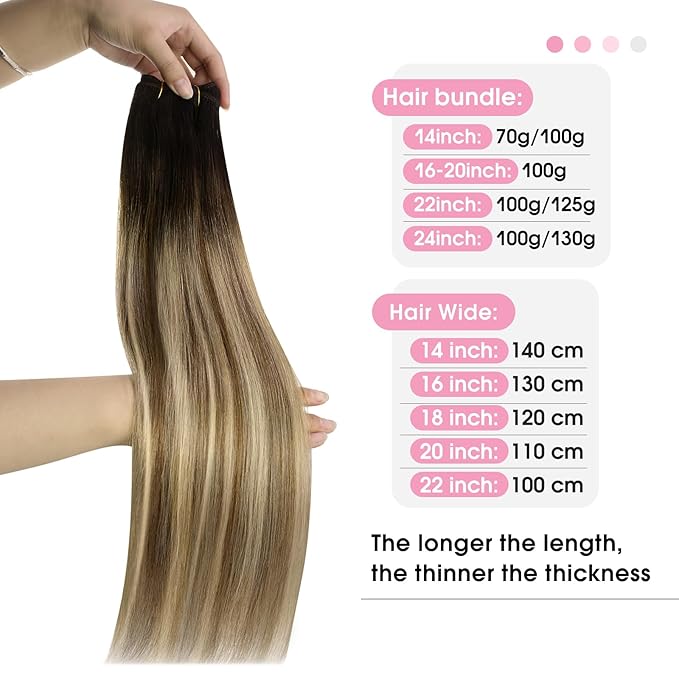 YoungSee Weft Hair Extensions Brown Balayage Human Hair Extensions Sew in Darkest Roots to Medium Brown with Blonde Balayage Double Weft Human Hair Extensions 16Inch 100G