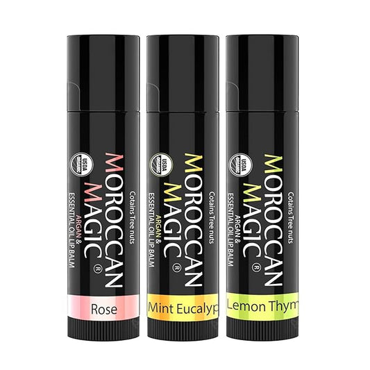 Moroccan Magic Organic Lip Balm Variety Pack Gift Set | Natural Argan and Essential Oils | Quality Smooth Application | Non-Toxic Cruelty Free | Rose, Peppermint Eucalyptus, Lemon Thyme | 3 Pack