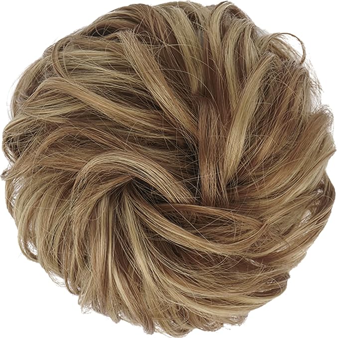 FESHFEN Messy Bun Hair Pieces - Large Wavy Curly Elastic Hair Bun Scrunchies Ponytail Extensions Synthetic Chignon Hairpieces for Women, Brown & Blonde 1.94oz