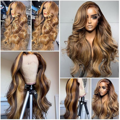 34 Inch Highlight Ombre Lace Front Wig Human Hair 13x6 HD Lace Body Wave Frontal Wigs Human Hair 180% Density P4/27 Colored Lace Front Glueless Wigs Human Hair for Black Women