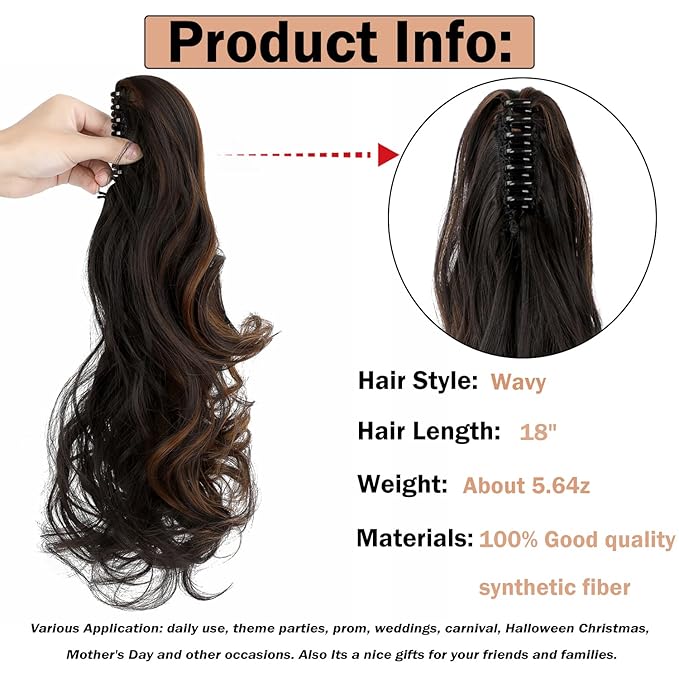 Claw Clip Ponytail Extension 18" Clip in Wavy Ponytail Hair extensions Long Pony Tails for Women Extensions Dark Brown Mix Light Auburn Wave Hairpiece