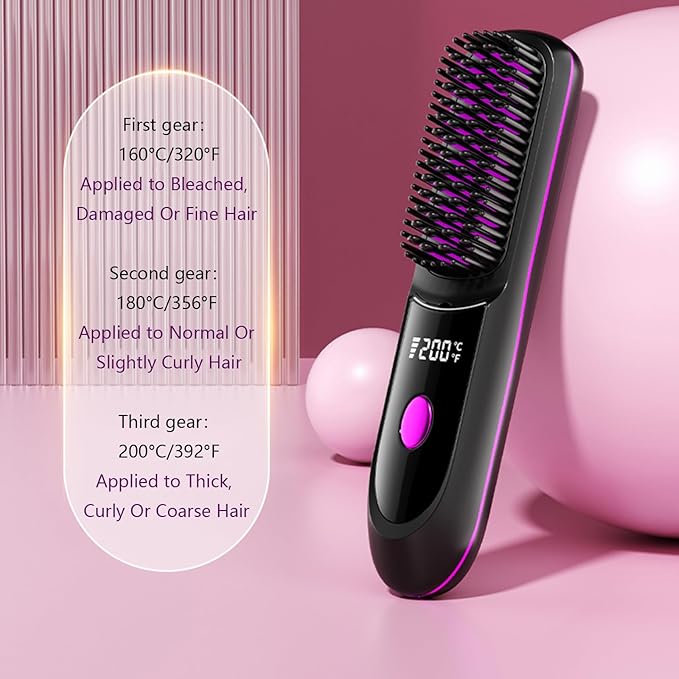 Go Brush Pro Hair Straightener – Cordless Comb with Negative Ion, 7400mAh Fast Heating & Portable Travel Design, Rechargeable Brush for Straightening and Curling (White-1Pcs)