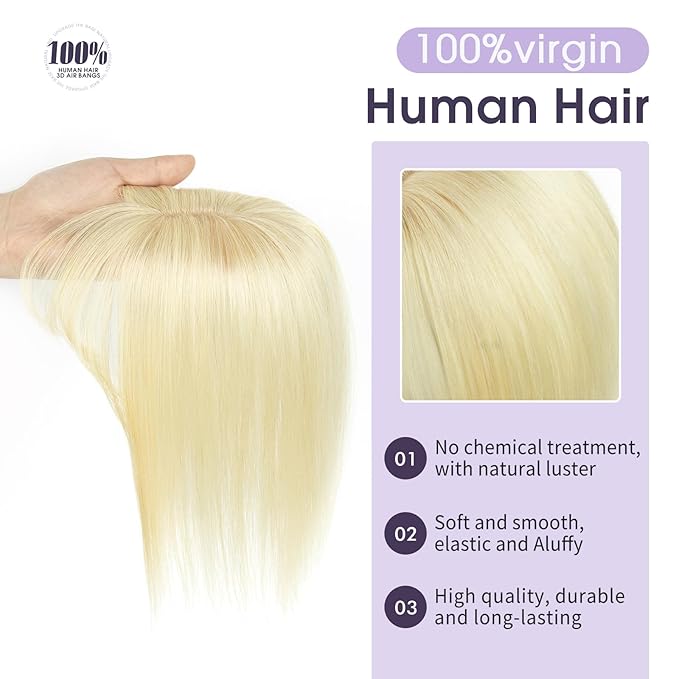 Human Hair Topper with Bangs for Women 14'' Bleach Blonde 100% Remy Human Hair Invisible Hair Piece for Thinning Hair