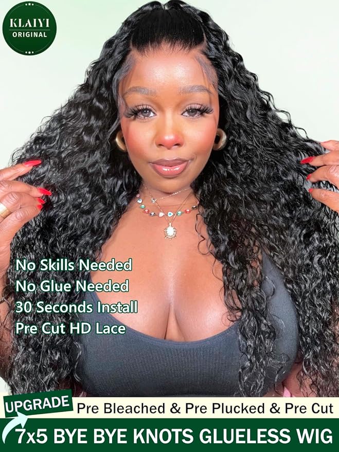KLAIYI Bye Bye Knots Glueless Wig Pre Cut Water Wave HD Lace Front Wigs Human Hair Pre Bleached Pre Plucked Ready to Go Wigs for Women 30S Easy to Wear Put On and Go Curly Wig Beginner Friendly 22inch