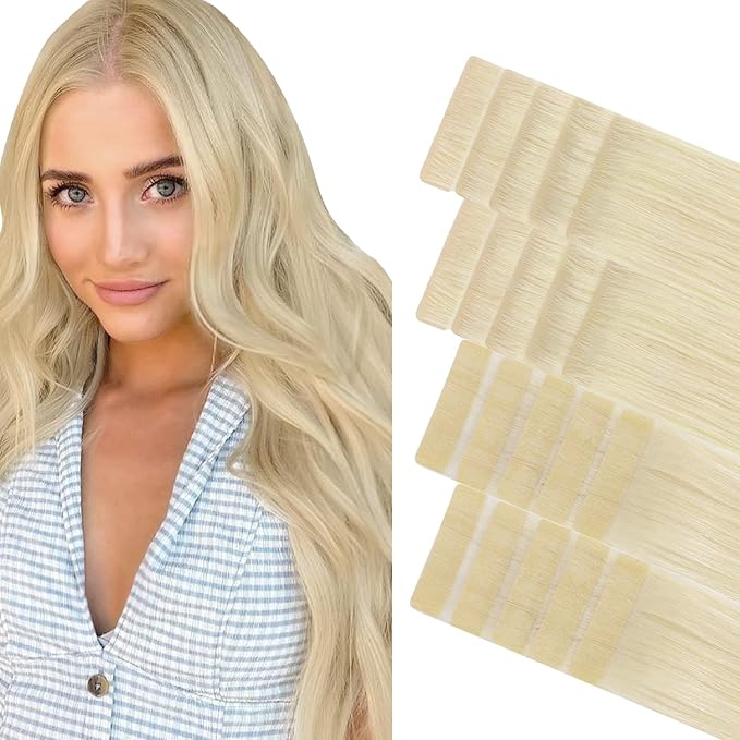 GOO GOO Invisi Edge Tape in Hair Extensions Human Hair, 60A Platinum Blonde 10pcs injected with 10pcs classical tape ins, 10inch 30g, Virgin Remy Hair, Natural Look