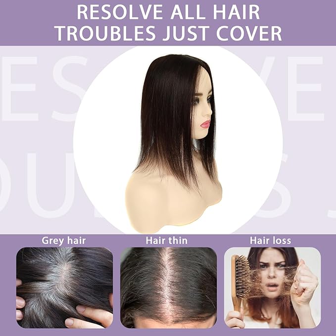 Hair Toppers for Women Real Human Hair, 3x5 Inch Injected Silk Base No Bangs 18 Inch Length 130% Density Hairpieces #1C Natural Black (Subtle Red Undertones in Sunlight)