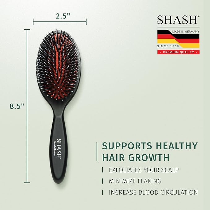 SHASH Since 1869 Hand Made In Germany - Nylon, 100% First Cut Boar Bristle Brush Suitable For Normal to Thick Hair - Gently Detangles, No Pulling or Split Ends - Softens Improves Texture, (Medium)