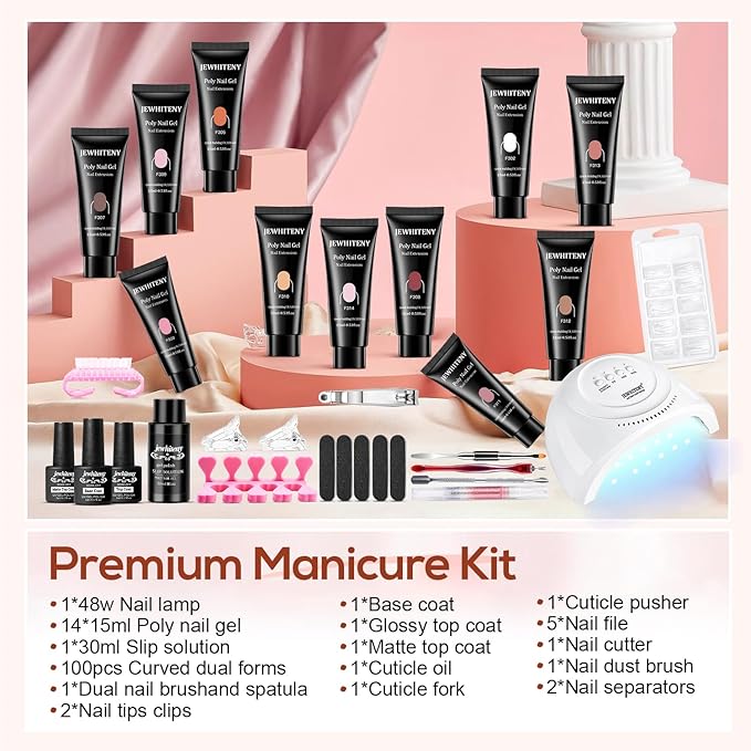 JEWHITENY Poly Extension Gel Kit With 48W LED Nail Lamp 14 Colors Builder Extension Gel All-in-One French Kit Nail Art Design Beginner Kit