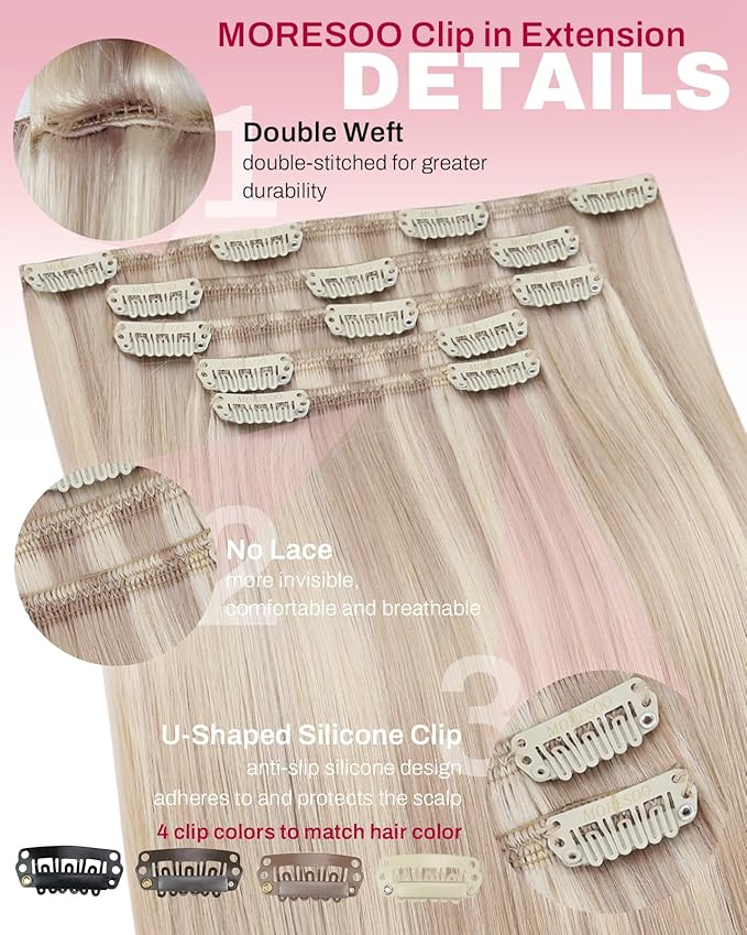 Moresoo Clip in Hair Extensions Real Human Hair Ash Blonde with Bleach Blonde Human Hair Clip in Extensions Straight Double Weft Full Head 5Pcs 80G 20Inch