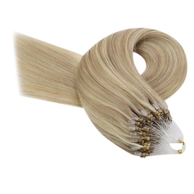 YoungSee Micro Bead Hair Extensions Real Human Hair Blonde Micro Loop Hair Extensions Real Human Hair Golden Blonde Highlighted Beaded Hair Extension 14In 50g 50s Pre Bonded Hair for Short Hair
