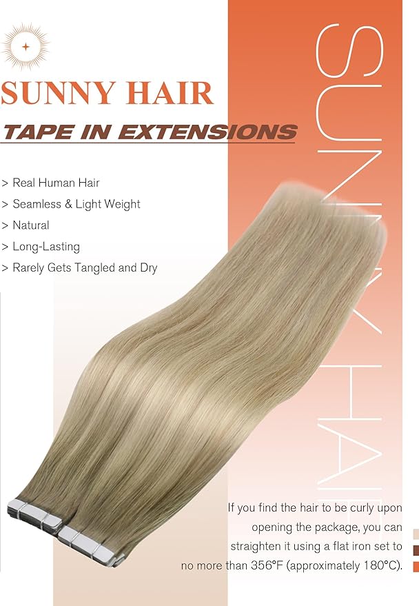 Sunny Hair Tape in Hair Extensions Real Human Hair Invisible Remy Hair Extensions Tape ins for Women Ash Blonde Root to Platinum Blonde Balayage 18 inch 20Pcs 50G