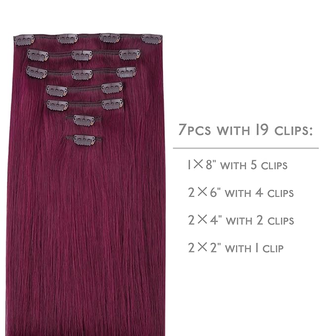 WENNALIFE Clip in Hair Extensions Real Human Hair, 24 Inch 120g 7pcs Remy Hair, Light Burgundy Straight Natural Coloured Extensiones De Cabello Humano Con Clip Ins