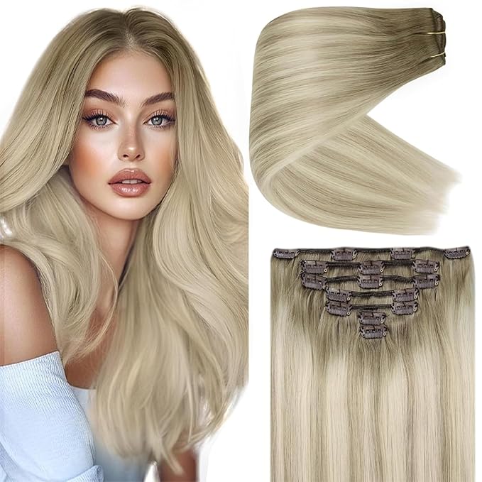 Ve Sunny 24 inch Clip in Hair Extensions Ash Grey Balayage Platinum Blonde Human Hair Clip in Extensions Straight Ombre Full Head Hair Remy Human Hair 7pcs 120g