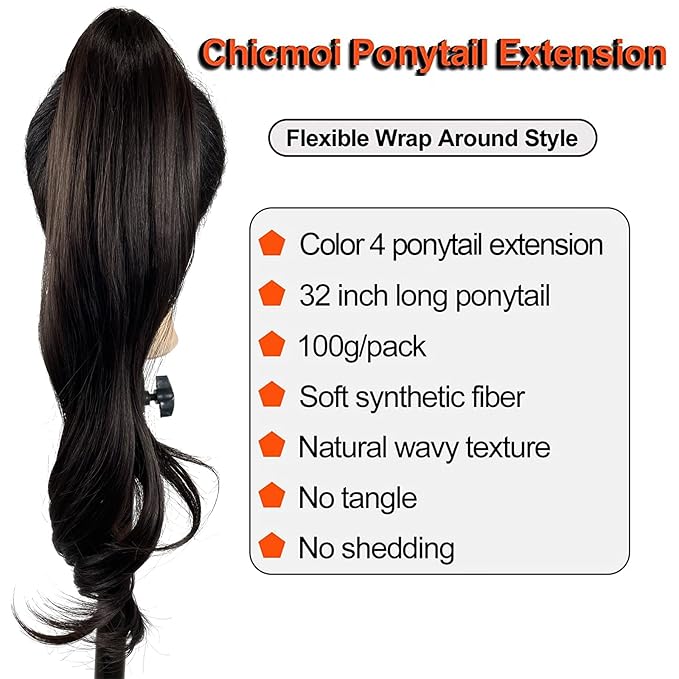 Chicmoi Dark Brown Ponytail Extainson 32 Inch Flexible Wrap Around Ponytail Hair Extension Color 4 Long Wavy Pony Tails hair Extension 4# Synthetic Hairpieces For Women and Girls