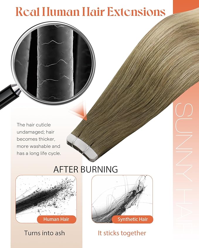 Sunny Hair Tape in Hair Extensions Real Human Hair Invisible Remy Hair Extensions Tape ins for Women Light Brown Root to Platinum Blonde Balayage 24 inch 20Pcs 50G