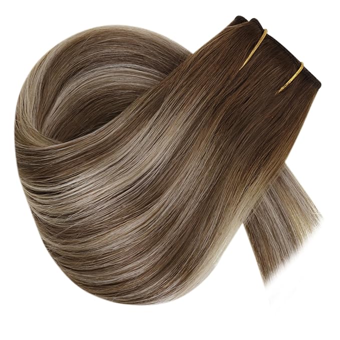 RUNATURE Wire Hair Extensions Real Human Hair 18 Inch, 80g One Piece, Invisible Wire Hair Extensions Brown Balayage, Long Hair Extension for Women, Add Hair Thickness #3/8/22 Brown Ombre Blonde