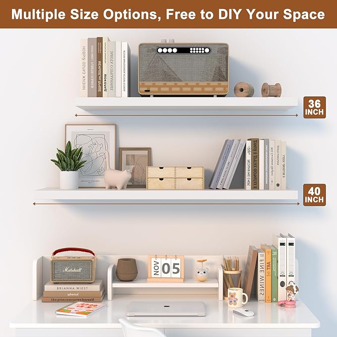 12 Inch Deep Floating Shelves for Wall 2 Pack White Floating Shelves Large Storage Space Wall Mount Shelf for Living Room Kitchen Bathroom 36" W x 12" D x 1.2" White