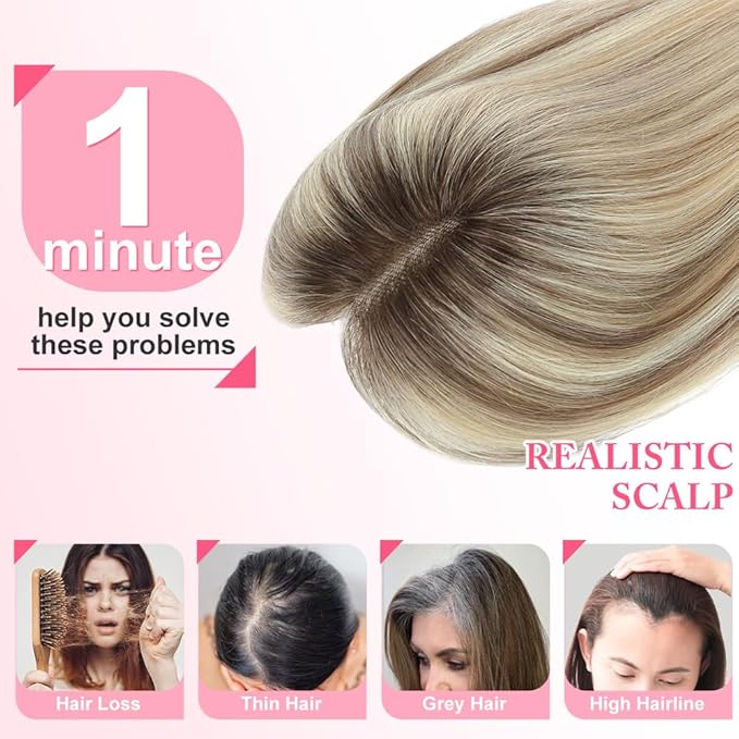 Hair Toppers for Women Real Human Hair Topper for Women with No Bangs Hairpieces Comfortable and Breathable 10 Inch Swiss Base 3D 360°Cover (Ombre Light Brown with Blond Highlight, 10 Inch-3D-Side)