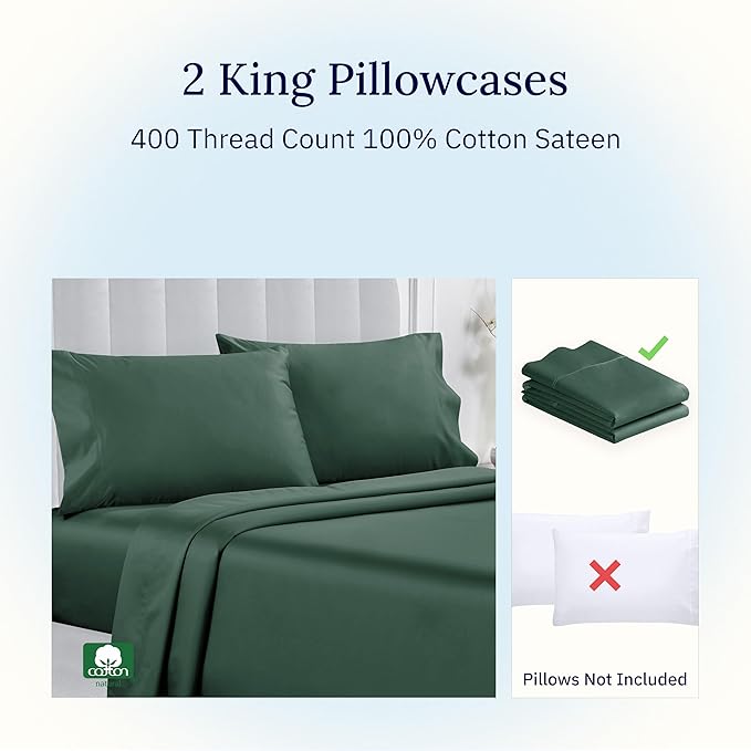 California Design Den King Size Pillowcase Set - 400 Thread Count, 100% Cotton Sateen, Set of 2 Pillow Covers, Soft and Breathable - Hunter Green