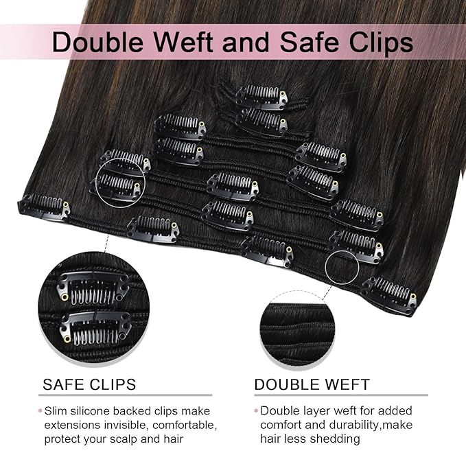 Pro2.0 Clip in Hair Extensions Real Human Hair 20inch 7pcs Color #1BT4 Natural Black Fading to Middle Brown Remy Real Human Hair Extensions Clip ins 120g Thick Double Weft（#1BT4-20inch）