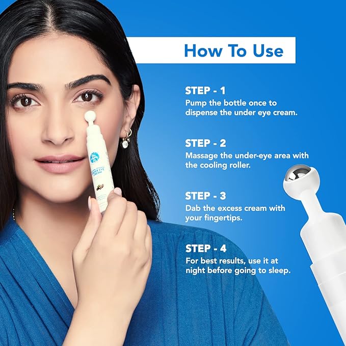 The Moms Co. Natural Vita Rich Under Eye Cream for Dark Circles and Puffiness for Women, Suitable for Delicate Skin Under Eye Area, Soothing Massage Roller with Coffee Oil, Vitamins E & B3, 15 gm