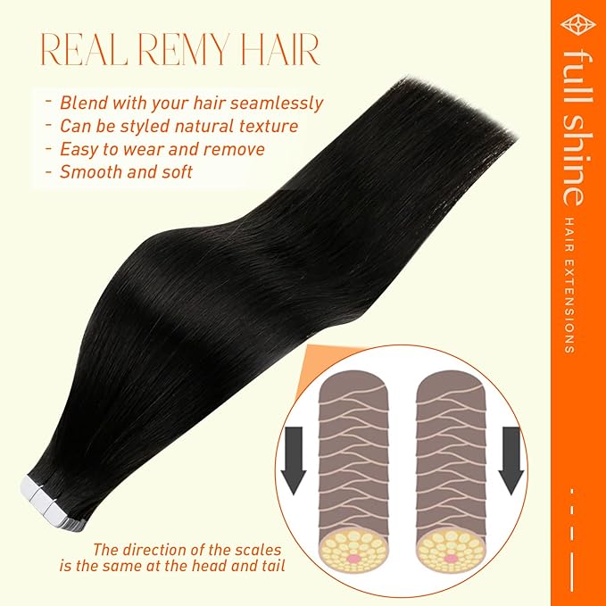 Full Shine Seamless Tape in Hair Extensions Human Hair 18 Inch Invisible Tape in Extensions Natural Real Hair Extensions Tape in Color Off Black 1B Remy Human Hair Extensions 20 Pcs for Party 50 Gram