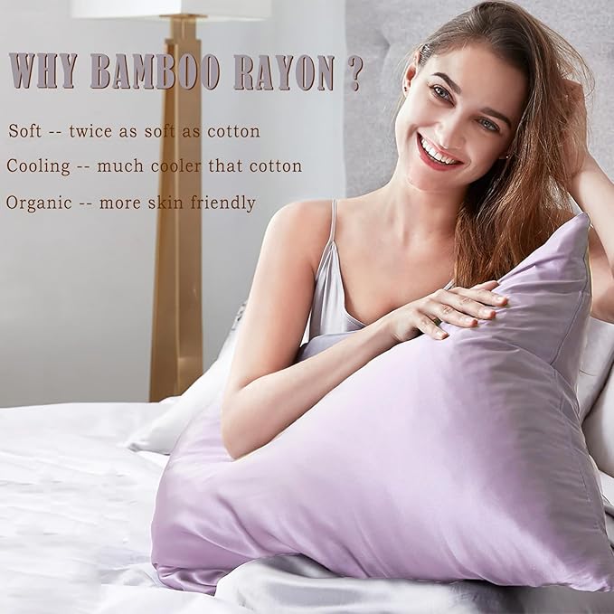 TELUS Pillow Cases Queen Size 2 Pack, Bamboo Rayon & Lyocell Pillowcase with Envelope Closure, Cooling Breathable Pillow Cover for Hot Sleeper & Night Sweats, 20x30 inch, Light Purple