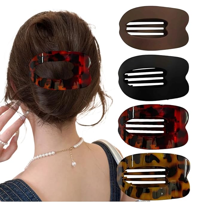 Women Flat Hair Clips,4-Pack French Large Matte Non-Slip Claw Hair Clips for Thick or Thin Hair (Red leopard print,Yellow leopard print,Black,Matte Dark Brown)