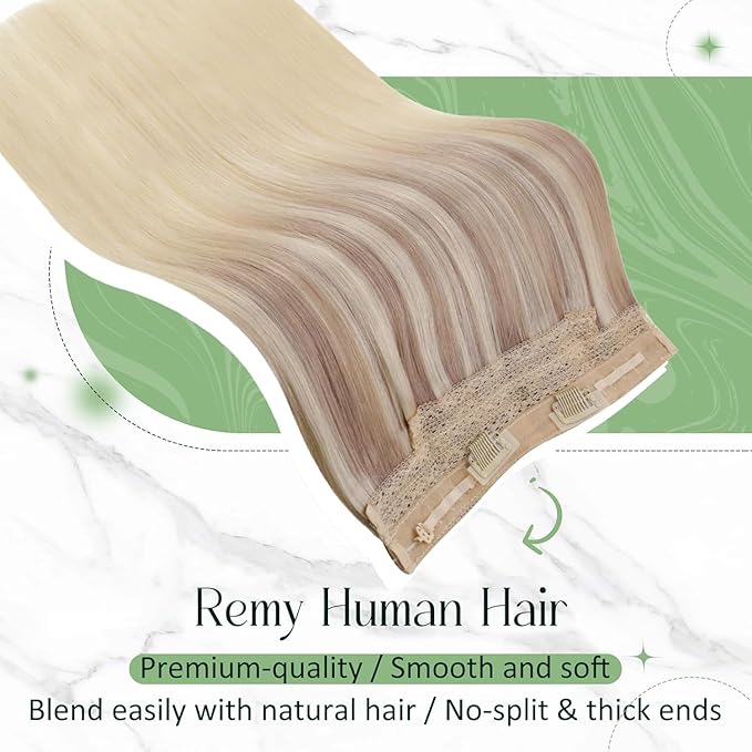 RUNATURE Wire Hair Extensions Real Human Hair, Balayage Invisible Fish Line Extensions, Straight Remy Natural Hair, Add Volume 14 Inch 70g #18/22/60 Ash Blonde to Light Blonde Mix Bleach Blonde