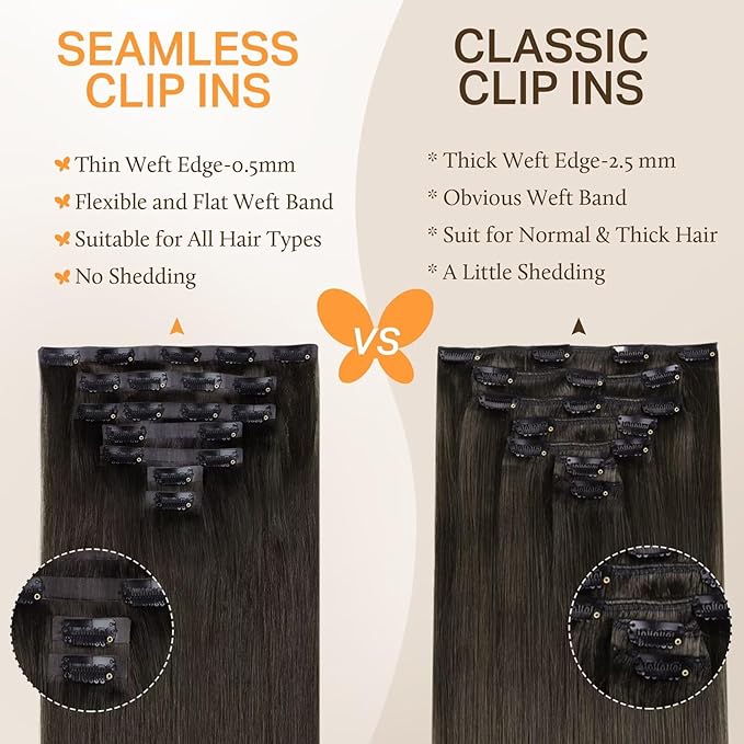 DOORES Mocha Brown Real Human Hair Extensions, 7pcs 110g 16 Inch, Seamless Clip-in, Natural Straight, Invisi Edge
