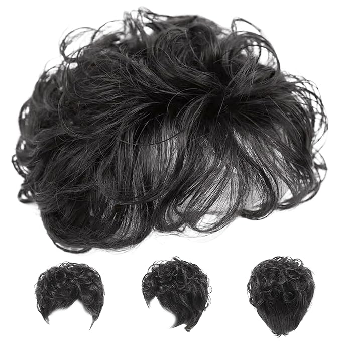 5.1'' Black Hair Toppers for Women, Curly Synthetic Hair Topper with Bangs, Breathable Fluffy Clip-in Natural Wig Toppers, Thinning/Loss, For Thin