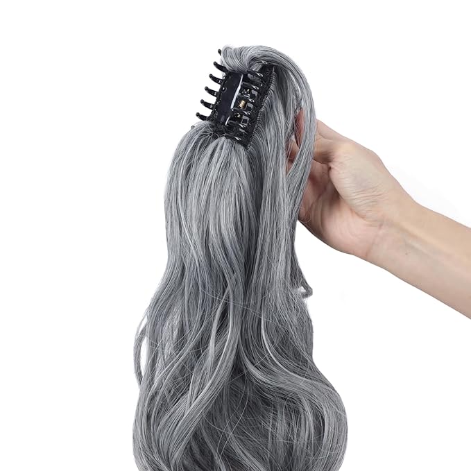 Claw Clip Ponytail Extension 18" Clip in Wavy Ponytail Hair Extensions Long Pony Tails for Women Extensions Sliver Gray to Platinum Blonde Wave Hairpiece
