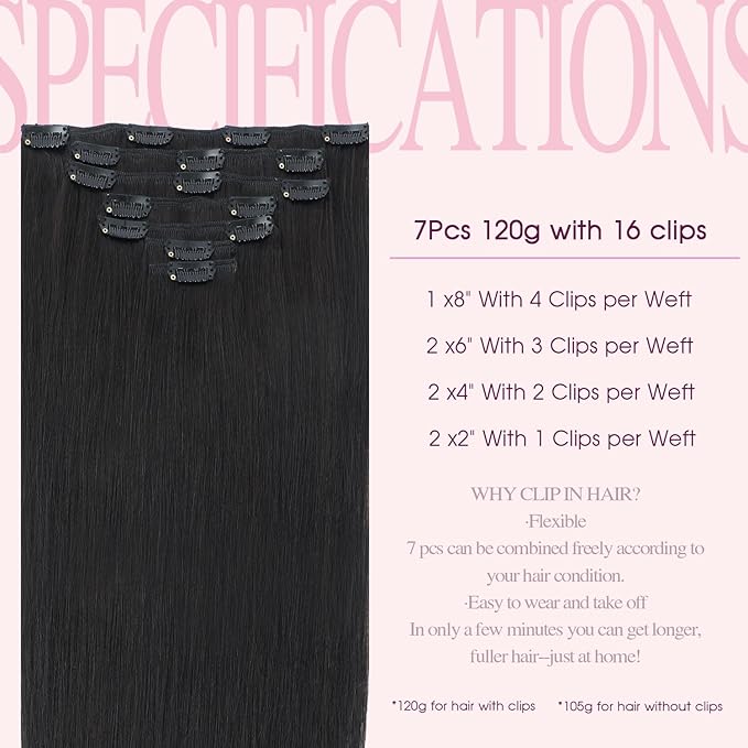 PINKPEARL Clip in Human Hair Extensions #1B Natural Black Clip in Hair Extensions Real Human Hair 16 inch Remy Hair 120g 7pcs Straight Natural Human Hair Clip ins(#1B-16)