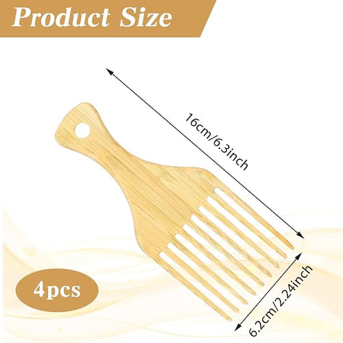 4 Pcs Bamboo Afro Hair Pick Comb Set Natural Anti-Static Picks Wide Tooth Detangling Combs for Men Women with Thick Curly Hair