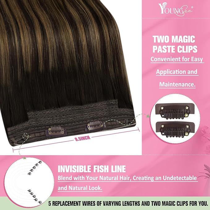 YoungSee Wire Hair Extensions Real Human Hair Dark Brown Secret Wire Human Hair Extensions Balayage Darkest Brown with Medium Brown Human Hair Headband Extensions for Natural Look 80G 14Inch