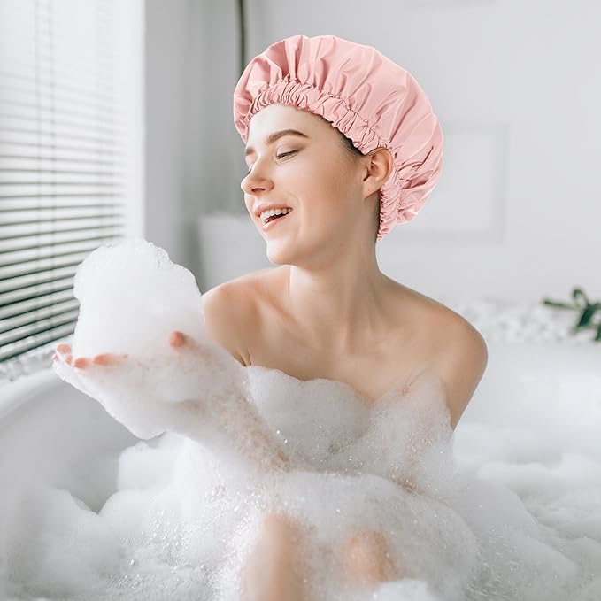 Reusable Shower Cap for Women, Stylish Large Waterproof Shower Bonnet Washable Wide Elastic Band Hair Cap for Long Hair, Braids Bath Hat(Pink)