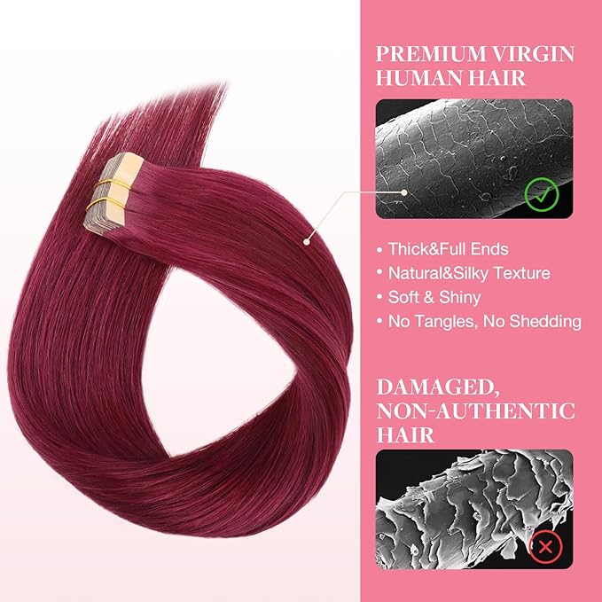 GOO GOO Tape in Hair Extensions Human Hair, Burgundy Red, 12inch 20g 10pcs, Colored Tape ins Human Hair Extensions, Silky&Soft Invisible Tape Ins, Hair Highlighted for Party