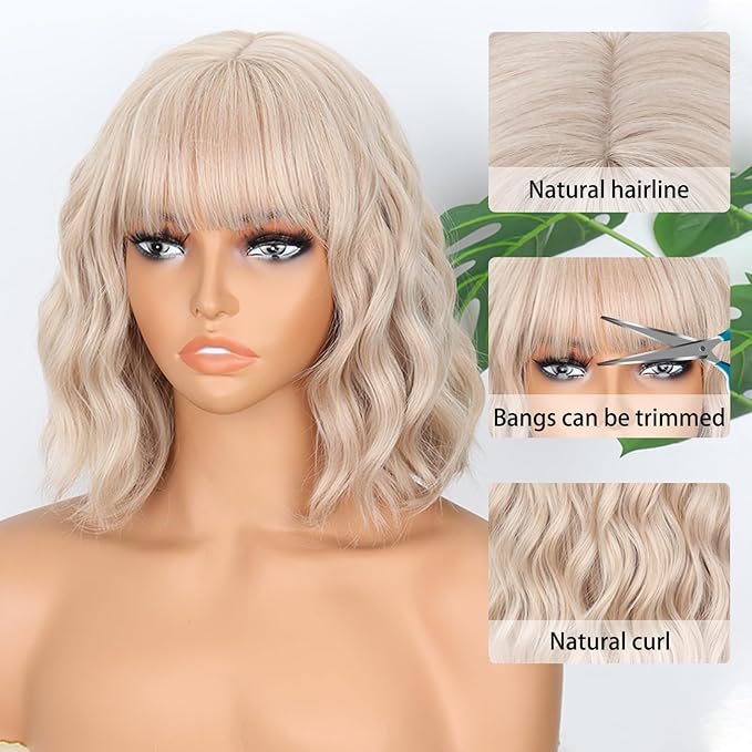 MISSQUEEN Blonde Wig Wavy Short Bob Blond Wigs With Air Bangs Shoulder Length Drity Blonde Wigs for Women Wavy Synthetic Cosplay Wig for Girl Costume Wigs