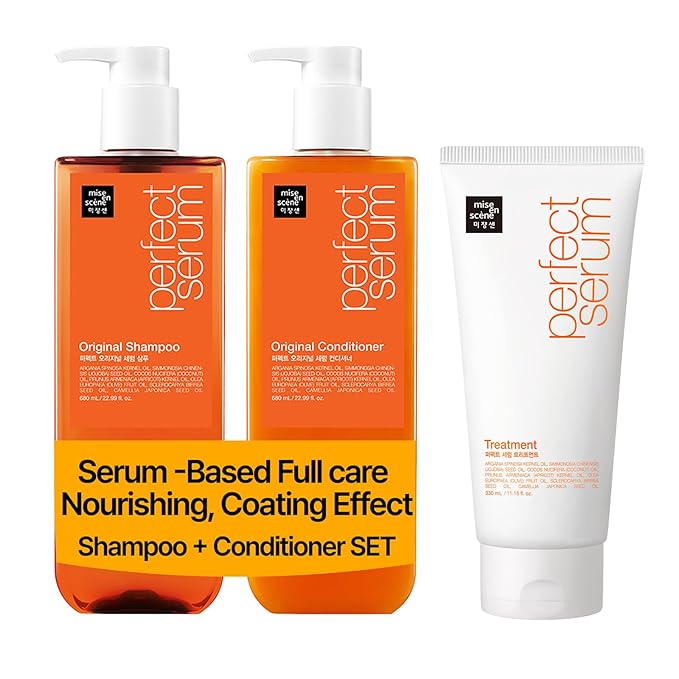 Mise En Scene Perfect Serum Shampoo and Conditioner with Mise En Scene Perfect Serum Hair Treatment - For Damaged Hair, Nutrient Care With Argan Oil, Containing Jojoba-Seed-Oil For Smooth