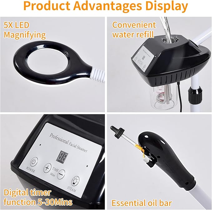 Professional Facial Steamer, 2 in 1 Facial Steamer on Wheels with 5X Magnifying Lamp, Steamer for Face Adjustable Height, Steamer for Facial for Salon, Spa and at Home Use