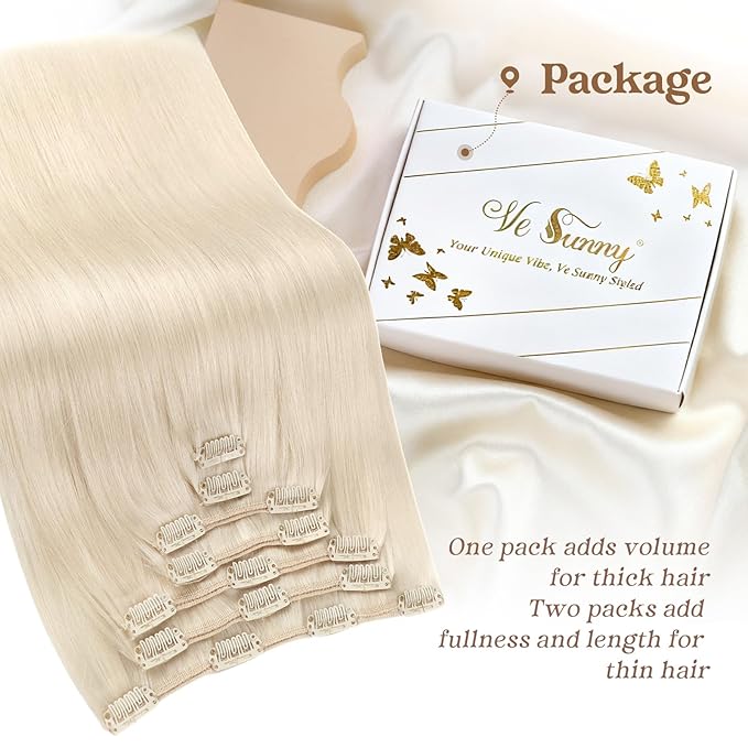 Ve Sunny Clip in Human Hair Extensions Platinum Blonde Clip in Hair Extensions Real Human Hair Short Straight Hair Extensions Clip ins for Daily Use 100g 14inch 7pcs