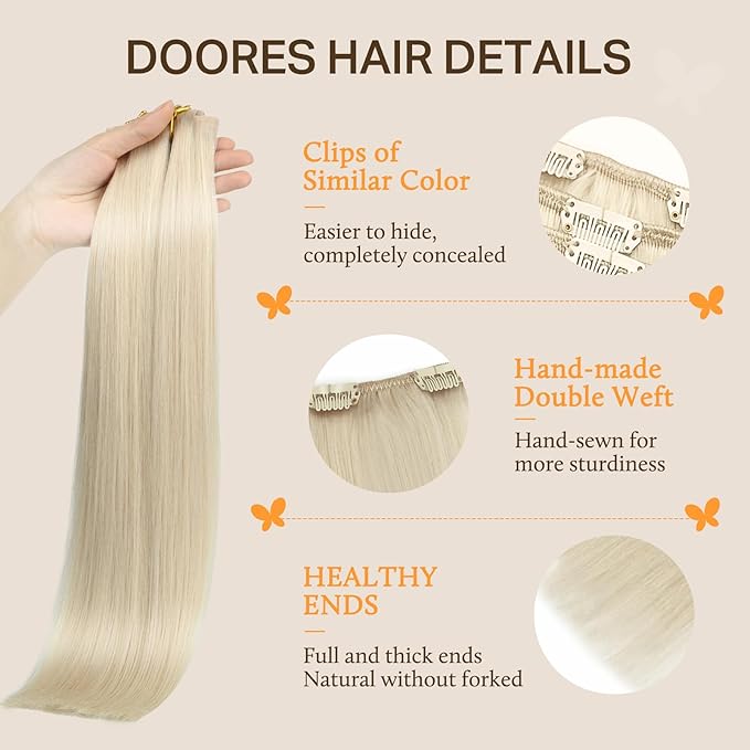 DOORES Human Hair Extensions Clip in Platinum Blonde 16 Inch 120g 7pcs Remy Clip in Hair Extensions Natural Hair Straight Real Hair Extensions