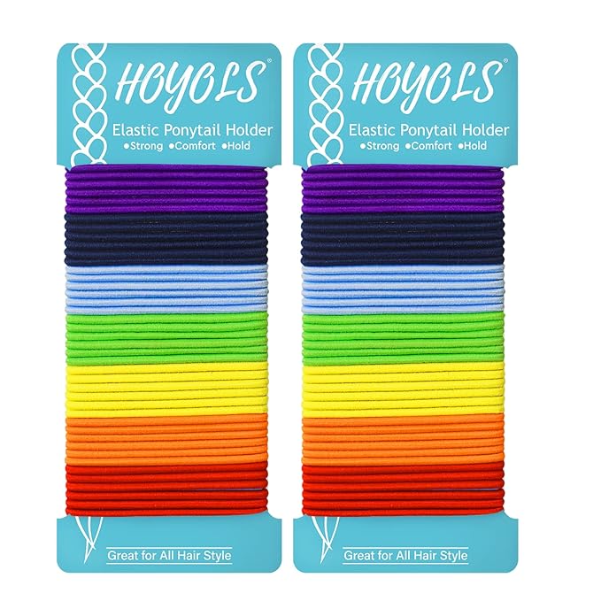 HOYOLS Hair Elastics Bands, No Metal Chakra Color Hair Ties Colored Ponytail Holder No Snag for Girls Women 2mm - 7 Hues 84 Count