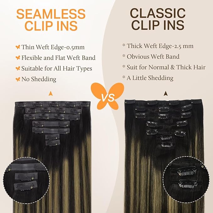 DOORES Seamless Clip in Hair Extensions Real Human Hair Extensions, Natural Black Mixed Chestnut Brown 110g 16 Inch 7pcs, Invisi Edge Hair Extensions Straight Hair Remy Natural Hair